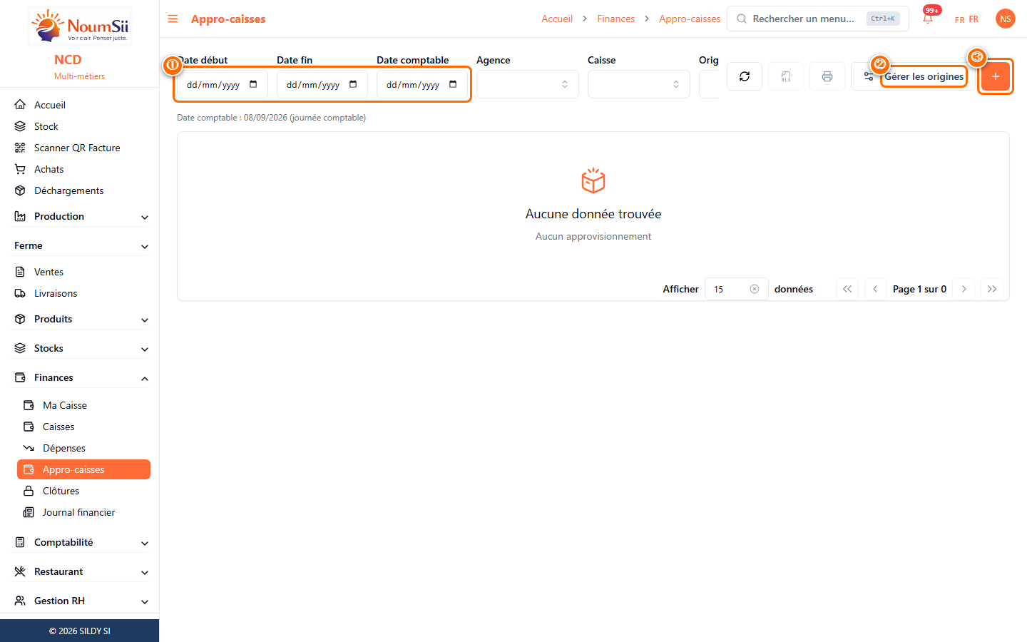 Appro-caisses : filtres dates/agence/caisse/origine et boutons Gérer les origines et +