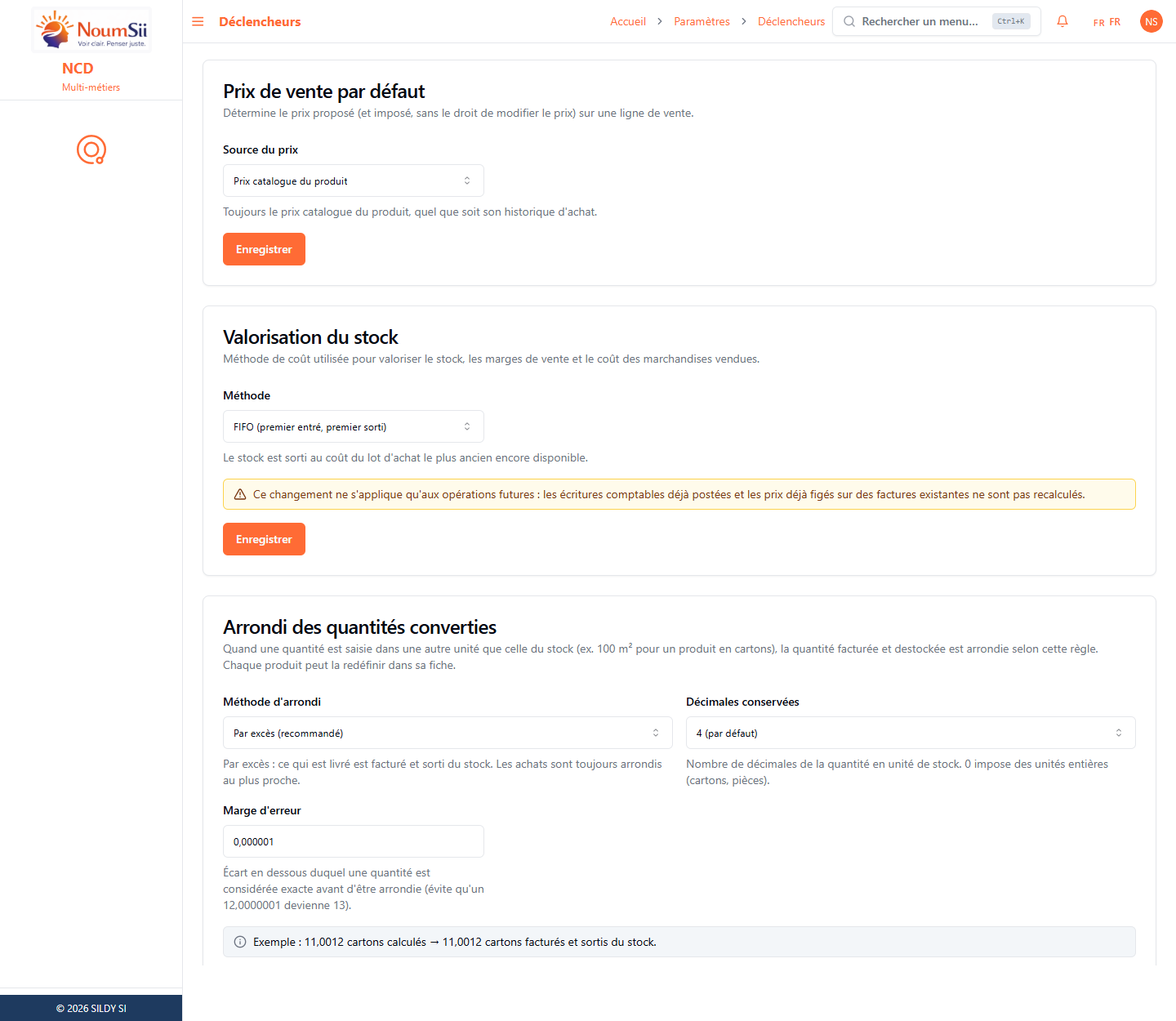 Paramètres, Déclencheurs : carte Arrondi des quantités converties avec méthode, décimales, marge d’erreur et exemple en direct
