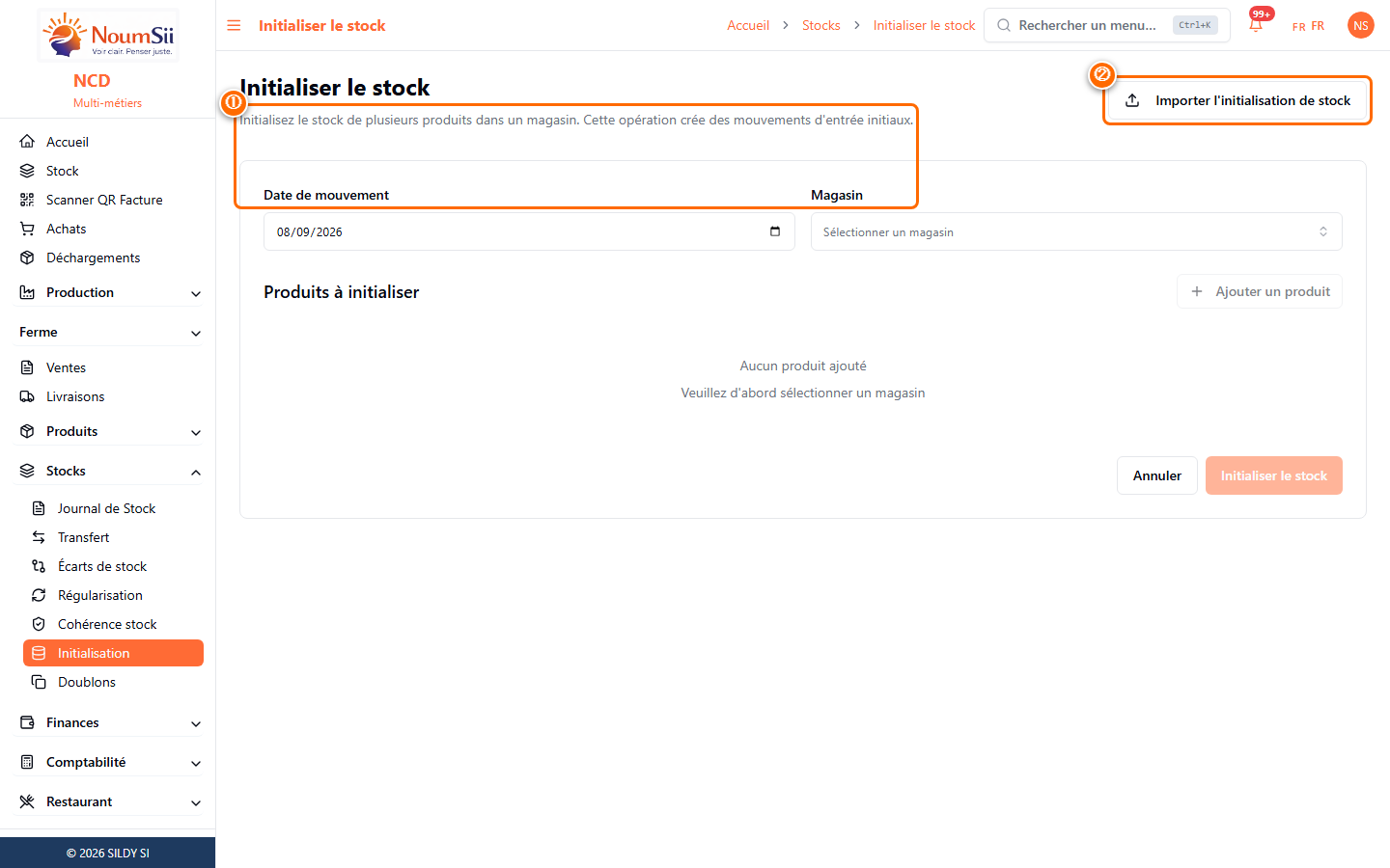 Initialiser le stock : sélection du magasin et de la date, puis saisie des quantités de départ par produit